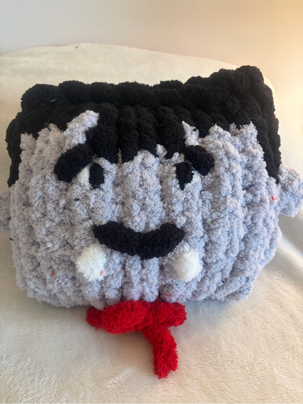 Chunky Knit Gray Vampire  Pillow with Red Tie